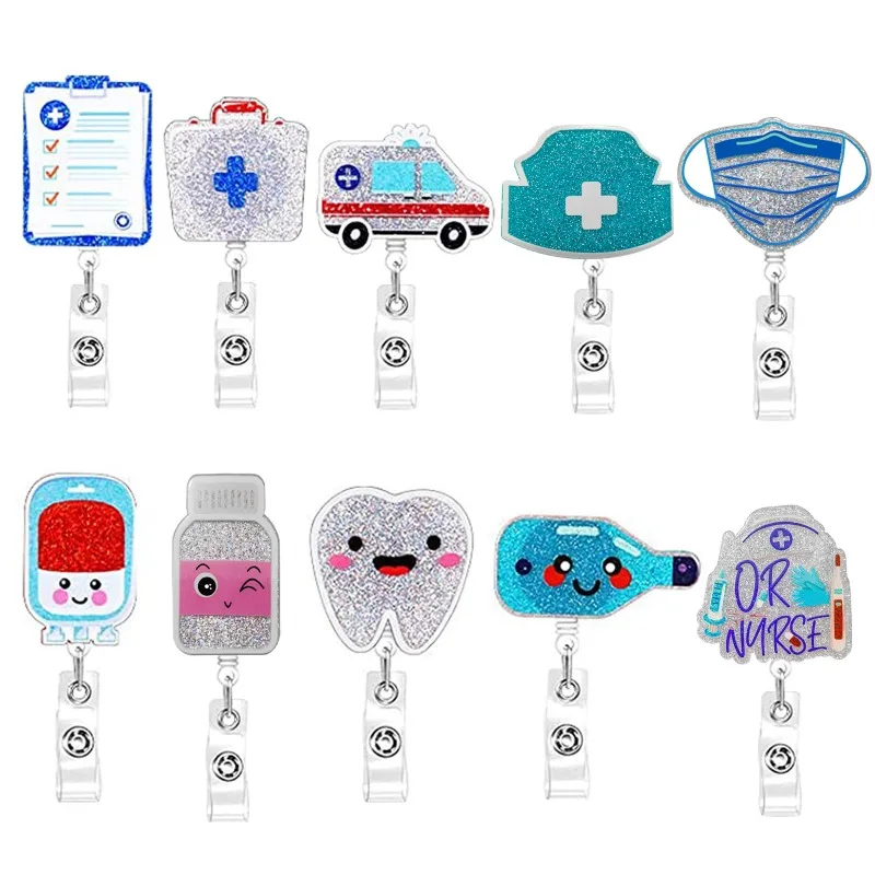

Acrylic Dental Ambulance Medical Retractable Easy-Pull Badge Reels Doctor Nurse Telescopic Badge Clips Nurse Accessories