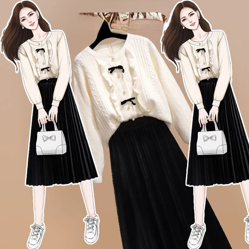 

Woman New Fashion Casual V-neck Knitted Sweater Cardigans Female Two-piece Set Ladies Solid Midi-length Wear Skirts Outfits G381