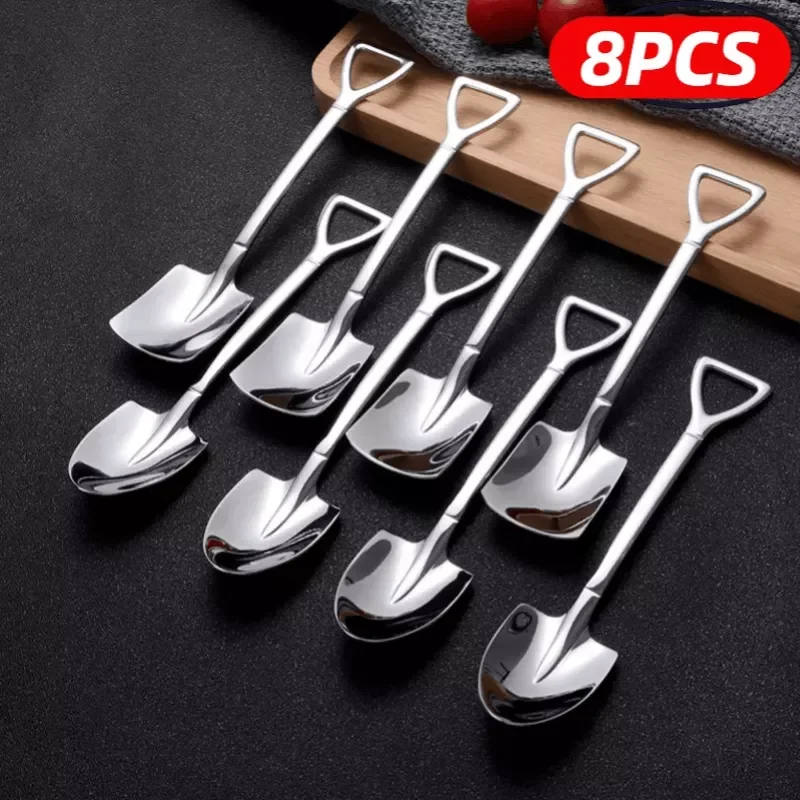 

4/8PCS Shovel Spoons Stainless Steel TeaSpoons Creative Coffee Spoon For Ice cream Dessert Scoop Tableware Cutlery set