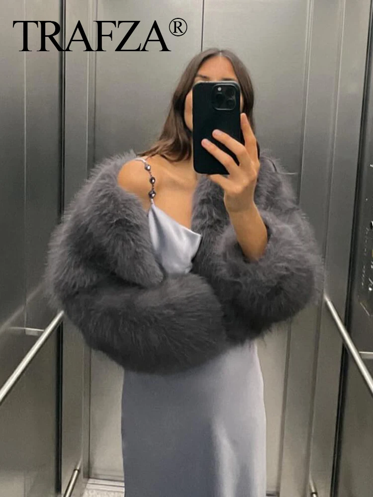 

Женская куртка с искусственным мехом TRAFZA, винтажная Свободная куртка с круглым вырезом и длинным рукавом, уличная одежда, зима 2023
