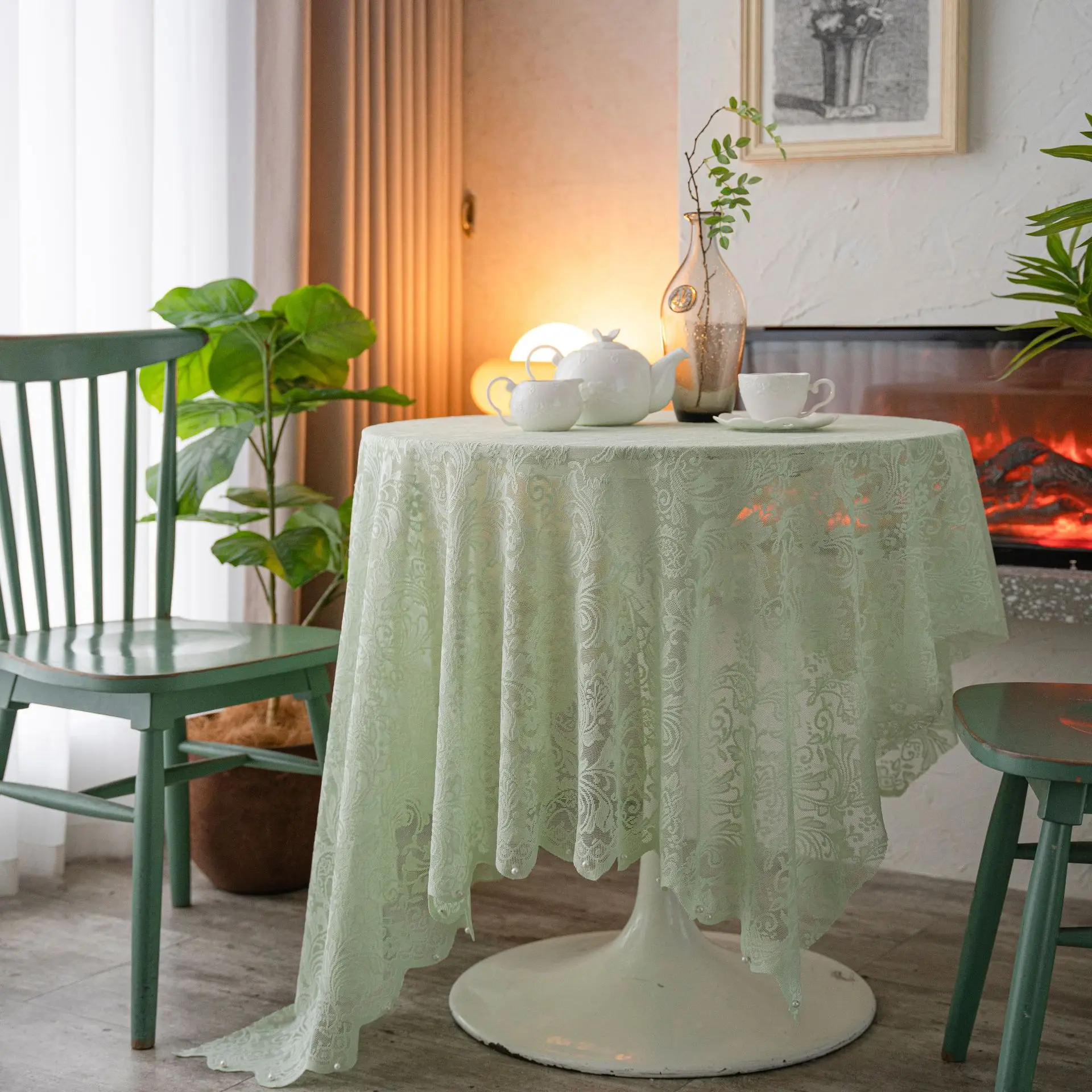 

Sage Green Nailed Bead Tablecloth Vintage Lace Rectangular Embroidered Tablecloth for Valentine's Day Wedding Decoration