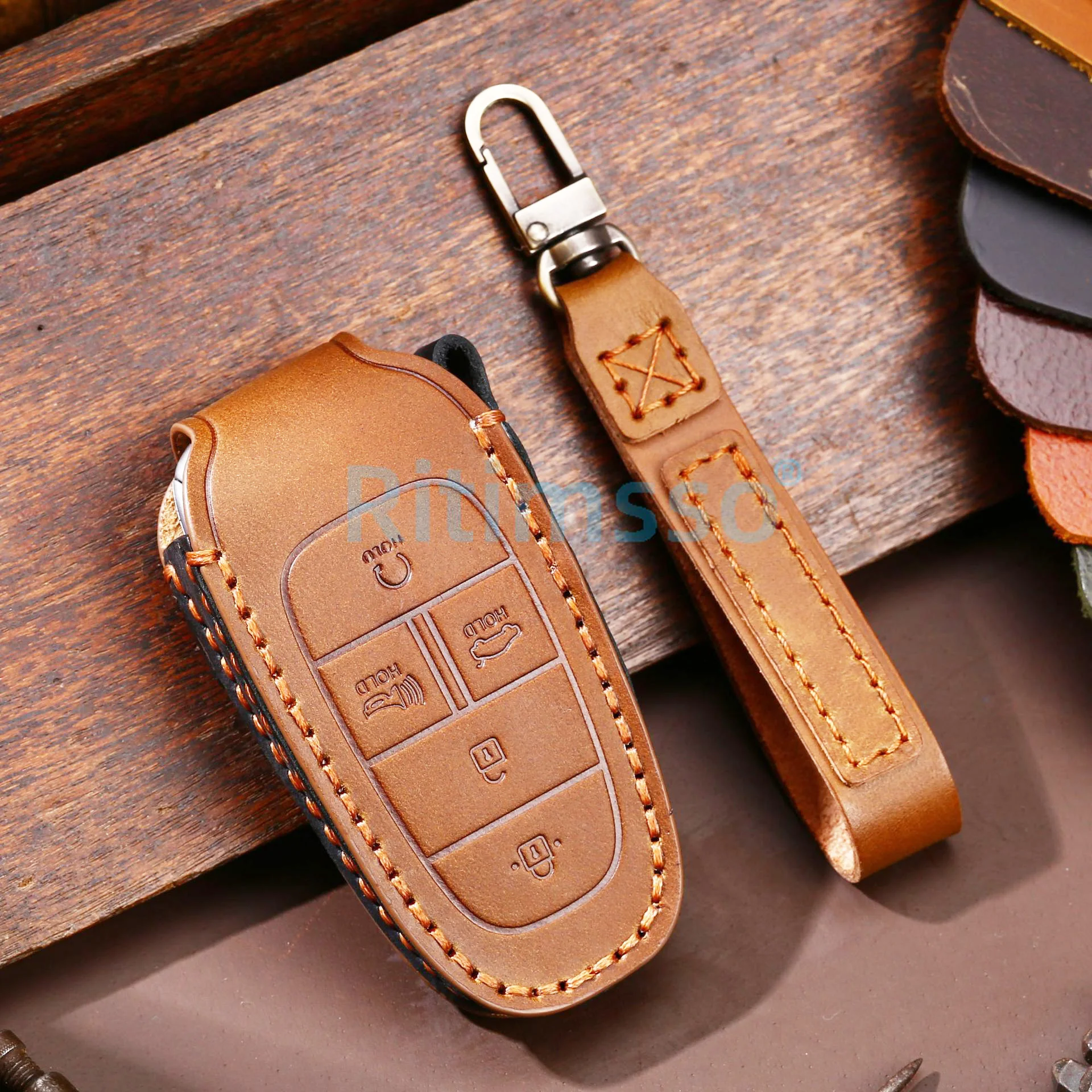

Leather Key Cover for Hyundai Solaris Sonata Hybrid NEXO NX4 New Grand Santa fe Tucson 2021 2022 Keyless Entry Key FOB Holder