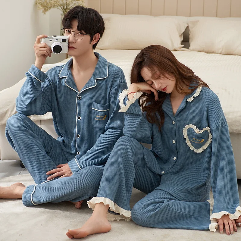 Lovers pajamas age season women long sleeve pure color cotton lovely men qiu dong household to take