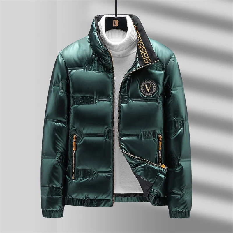 Winter Clothes, Shiny Men'S Green Coat, Fashionable Down Jacket, European And American Trend, Stand Collar  Short Style, Persona