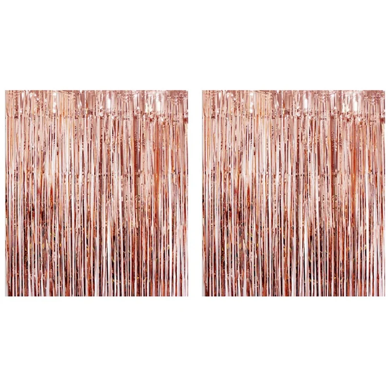 

2Pcs 1X3 M Thick Rain Silk Curtain, Wedding Party Background Wall Decoration Rain Silk Curtain, Tassel Flower-Rose Gold