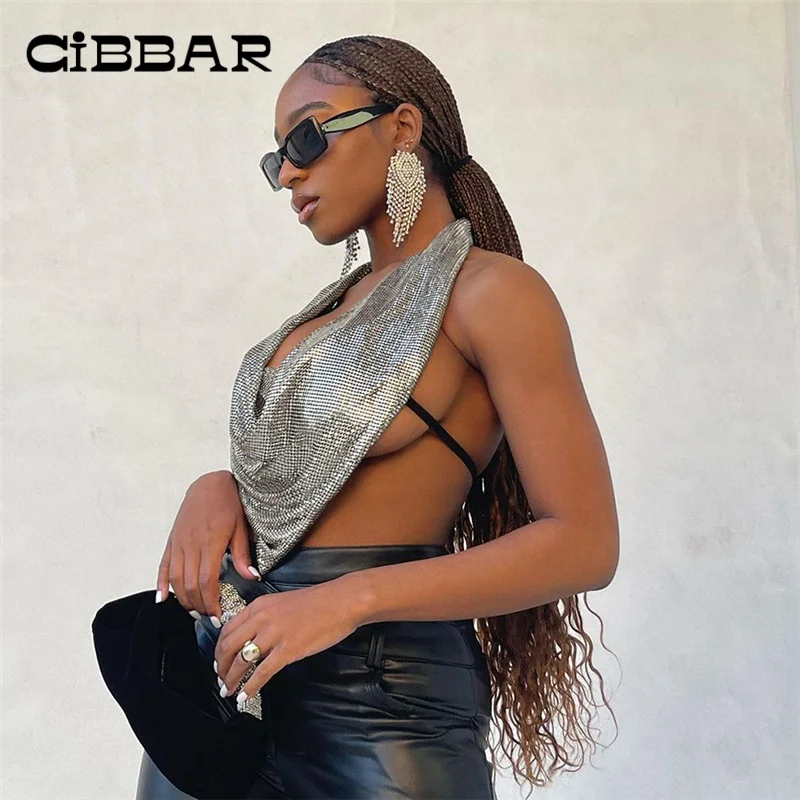

CIBBAR Silver Sequins Sexy Cleavage Camisole Summer Club Fashion Backless Cropped Halter Tank Tops Women Streetwear Unique Vest