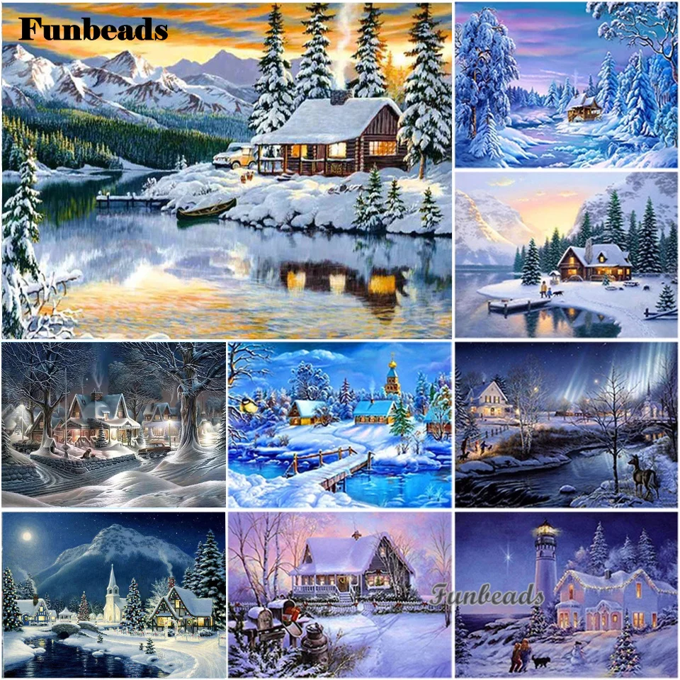

DIY 5D Diamond Painting House Diamond Embroidery Winter Snow Scenery Full Square/Round Mosaic Resin Landscape Cross Stitch FF227