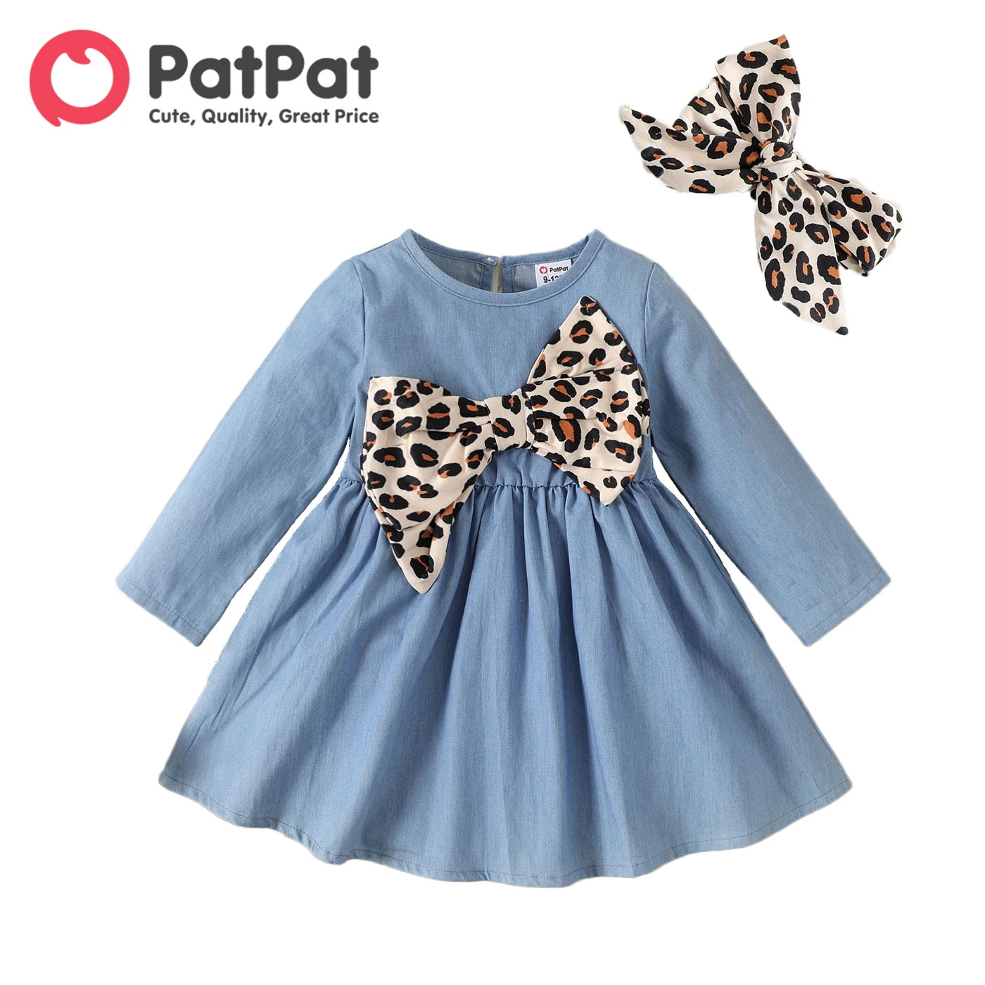 

PatPat 2pcs Baby Girl 100% Cotton Denim Long-sleeve Leopard Bow Front Dress with Headband Set