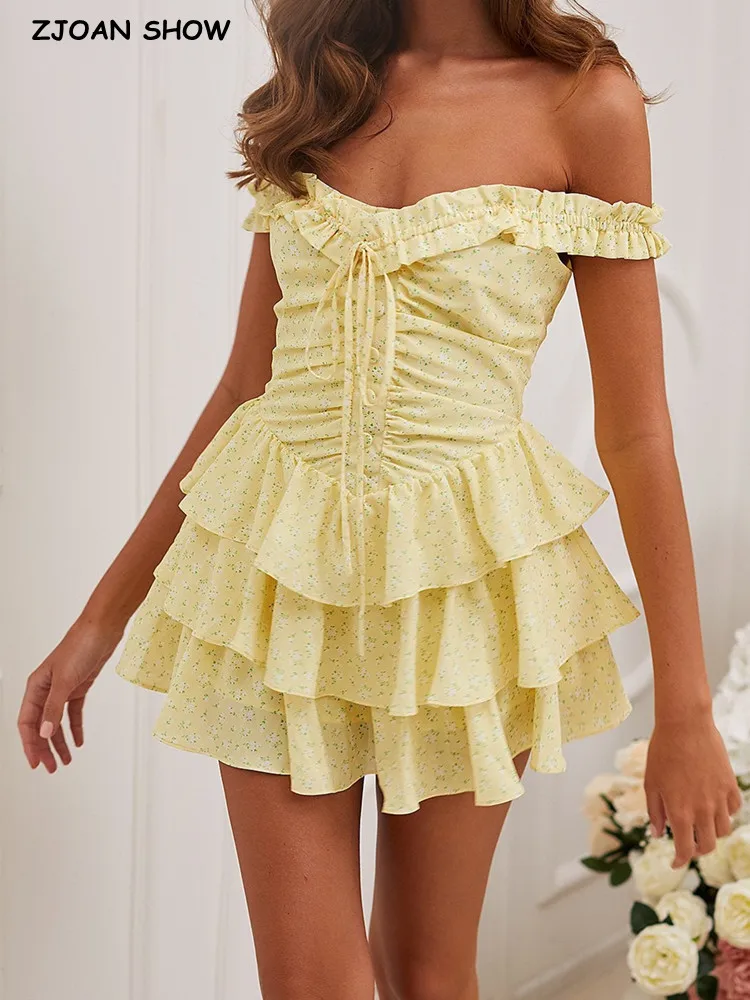 

2022 Women Sexy Lacing up Yellow Floral Print Off Shoulder Dress 3 layer Wood Ears Ruffles Hem Cake Mini Holiday Robe
