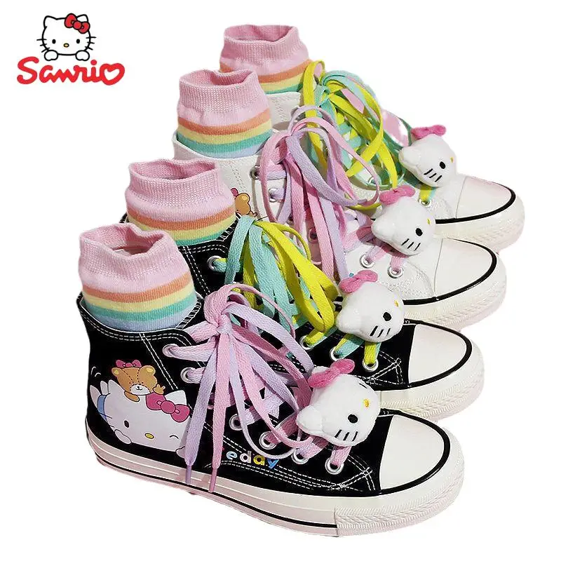 

Kawaii Hello Kitty Canvas Shoes Anime My Melody Kero Kero Keroppi Graffiti High-Top Leisure Time Casual Shoes Girl Plush Gift