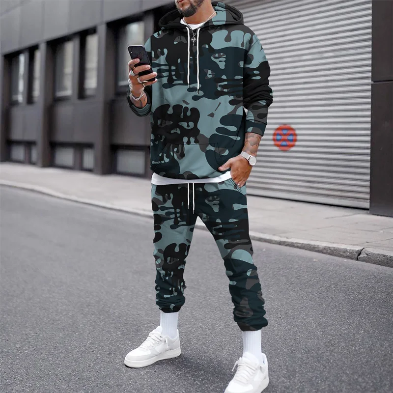 Autumn Winter Outfit Men Tracksuit Hoodie Sets Camouflage Clothing Tactical Sweatshirts Pants 2Piece Oversized Hooded Sport Suit