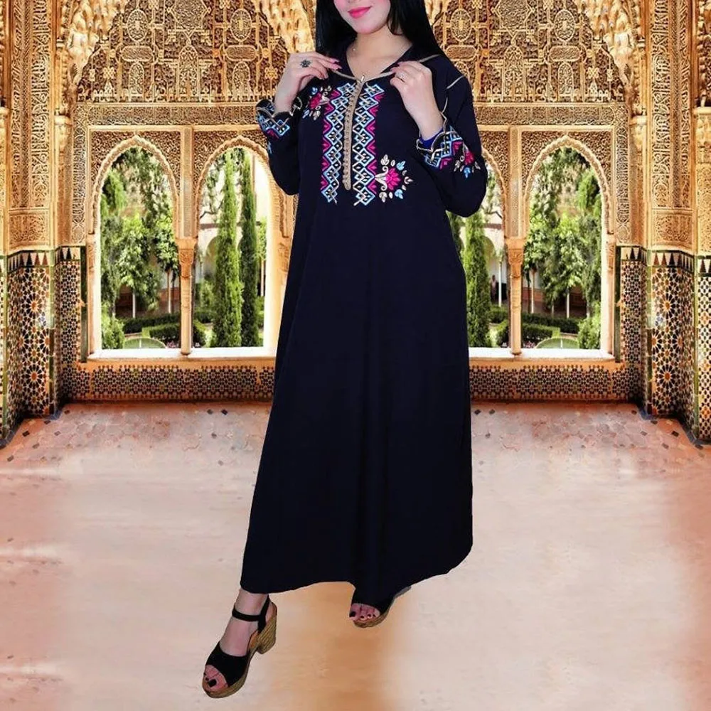 

Djellab Dresses Women Fashion Embroidery Long Sleeve Hooded Hijab Abaya Islam Turkey Muslim Chothing Female Maxi Dress Ramadan