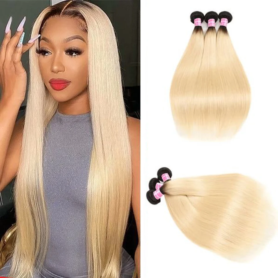 1B 613 Dark Root Blonde Ombre Brazilian Remy Straight Hair 1/3/5 Bundles Remy Human Hair Weave Tone Dark Roots Platinum 613