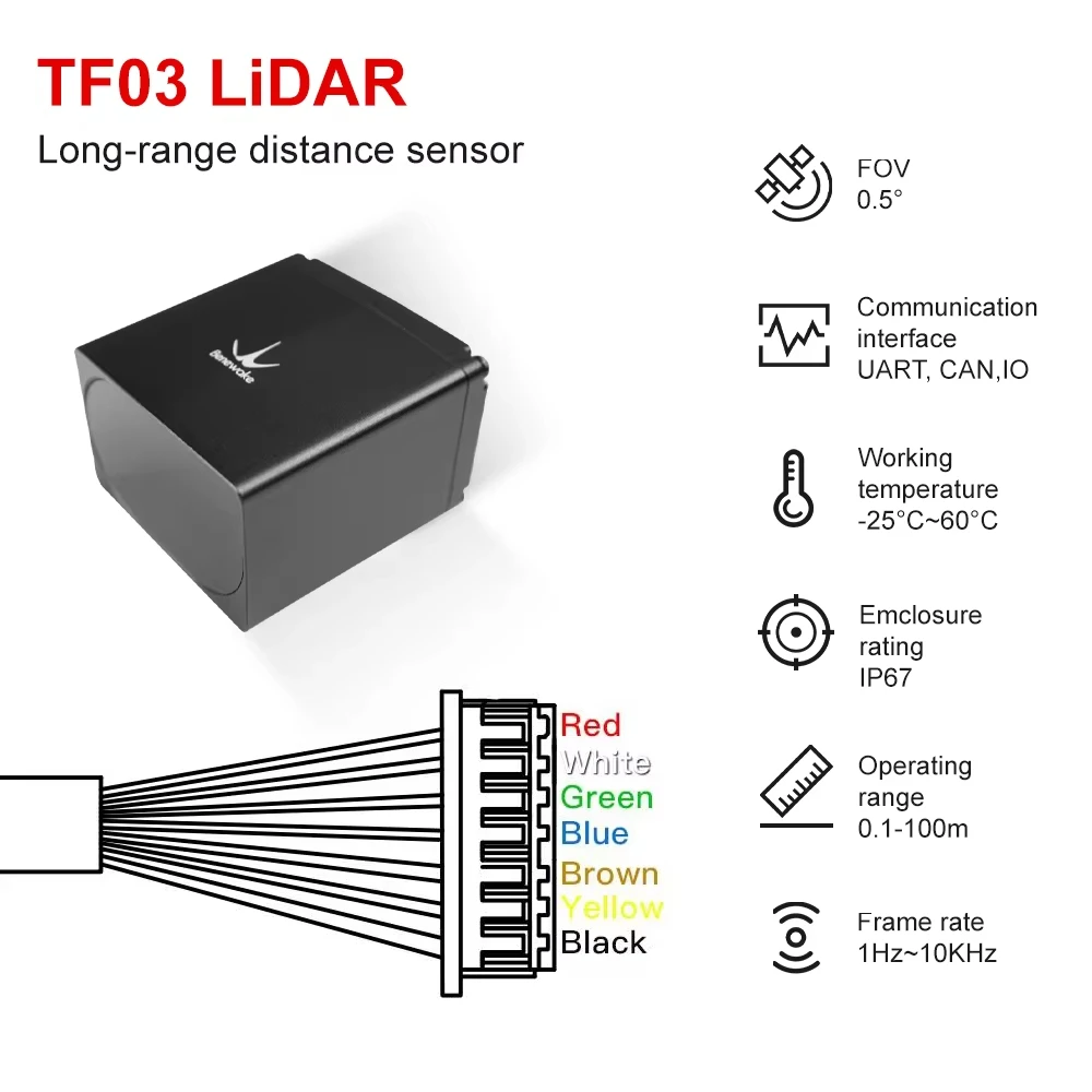 Фото Модуль датчика расстояния Benewake TF03-100 LiDAR, 100 м, IP67, RS485, RS232, совместим с системами автоматизации робототехники для наружного применения. №2