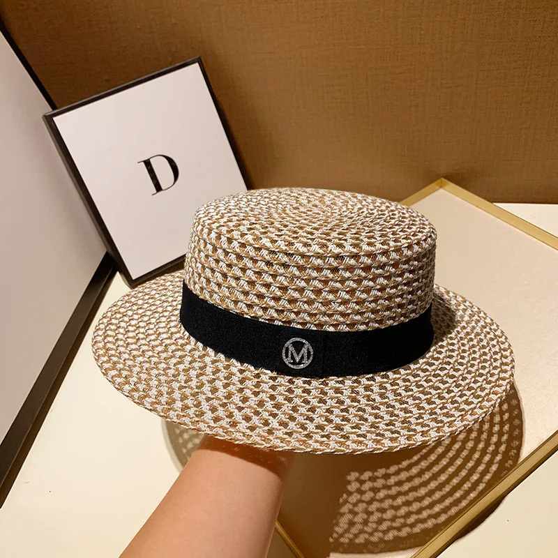 

Summer Letter Round Flat Top Straw Hat Korea Beach Hat Lady Boater Hat Sun Caps Panama Fashion Fedora Women's Travel Cap