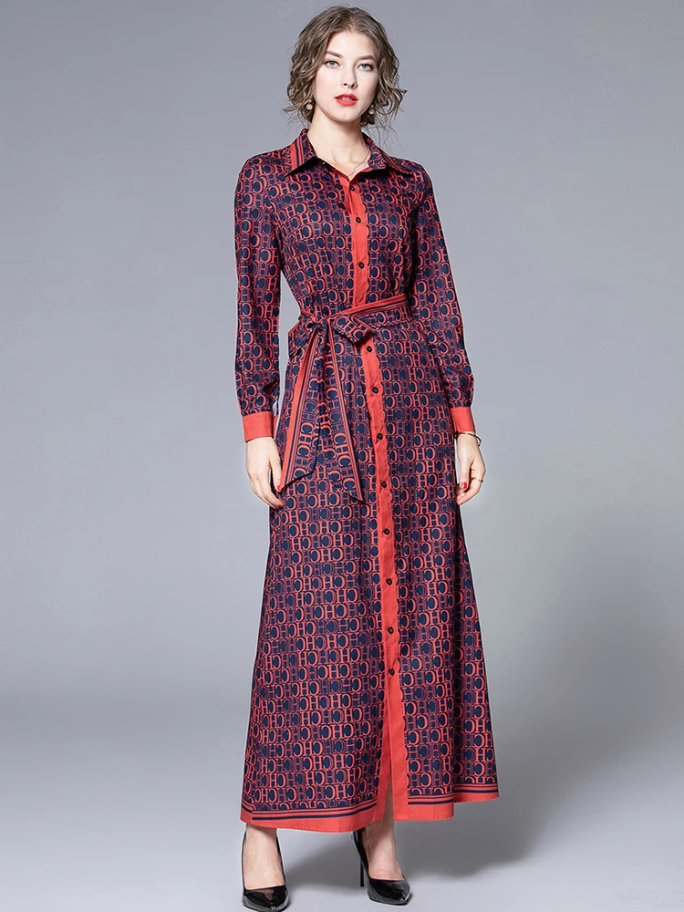 

Женское винтажное платье макси, красное осеннее платье с отложным воротником, длинным рукавом, поясом и шнуровкой, ТРАПЕЦИЕВИДНОЕ ПЛАТЬЕ С буквенным принтом, N8849