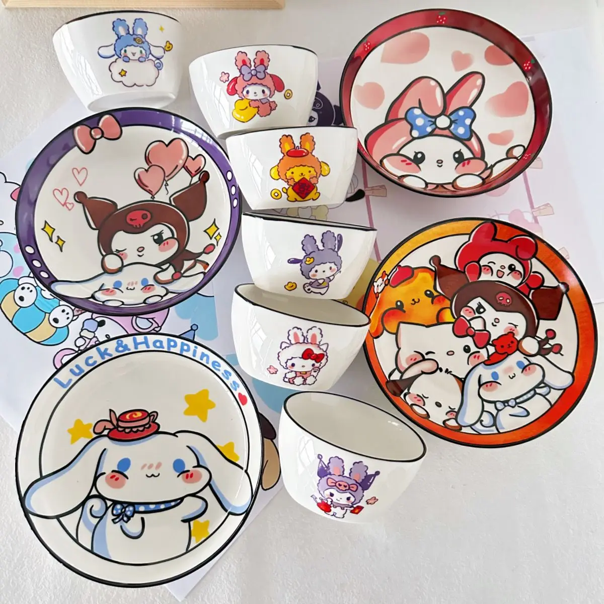 

Anime Sanrio Kuromi Cinnamoroll Ceramic Cutlery Plate Kawaii My Melody Pompompurin Home Cartoon Dish Set Kitchen Tableware Gifts