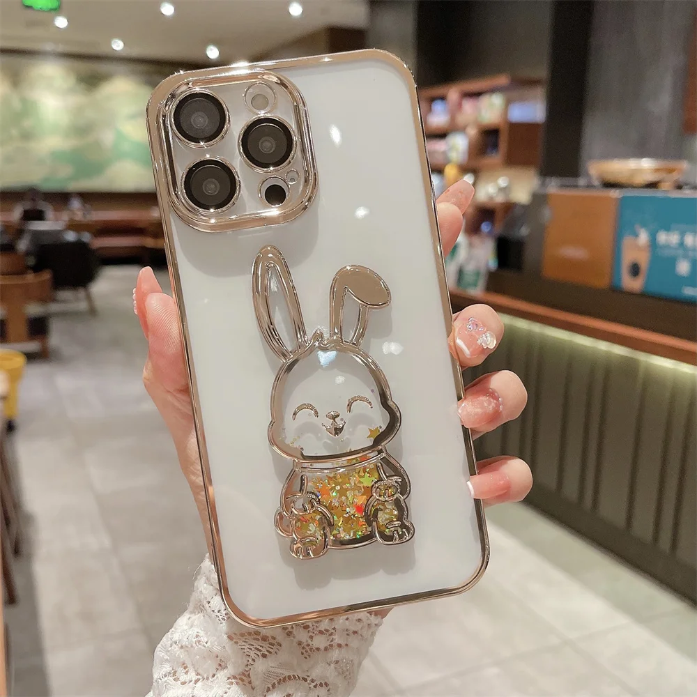 

Чехол для iphone 14 Pro, Прозрачный блестящий чехол для телефона с изображением зыбучих песков и симпатичного кролика, мягкая защита камеры, Прям...