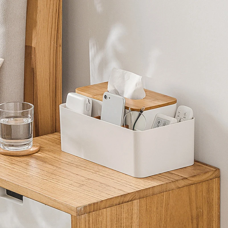 

Box Storage Organizer Box With Wooden Lid For Tissue Paper Makeup Case Multi-Compartments Phone Desktop Holder