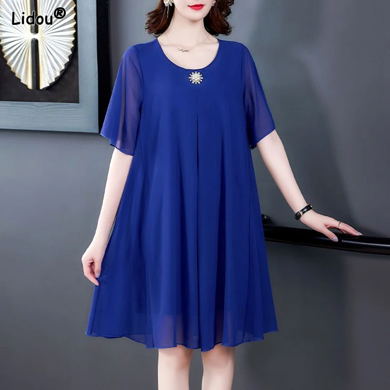 

2023 New Women's Clothing Gauze Patchwork Solid Color Loose Pullovers Round Neck Korean Pleated Fashion Casual Elegant Dresses