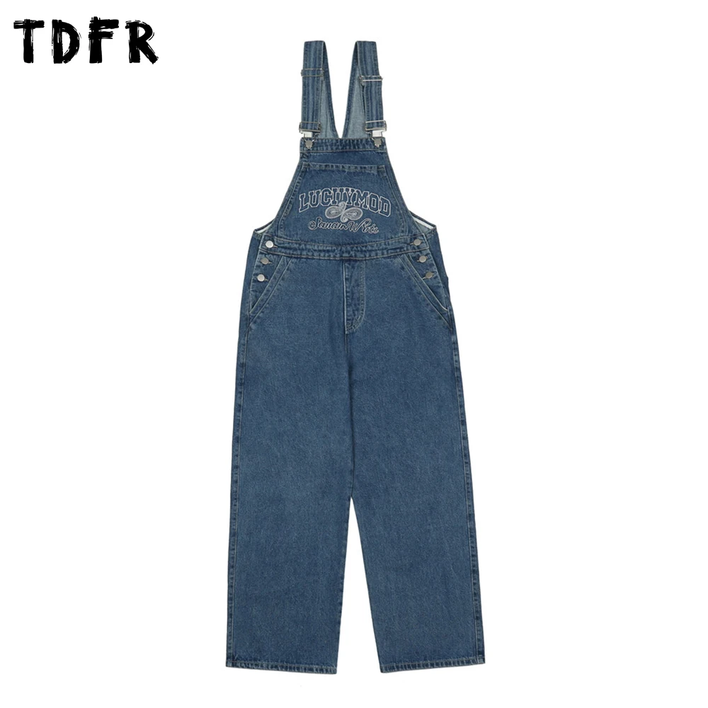 

Letter Embroidery Denim Overalls Mens Amekaji Distressed Jumpsuit Pants Casual Loose Jeans Bib Trousers Men