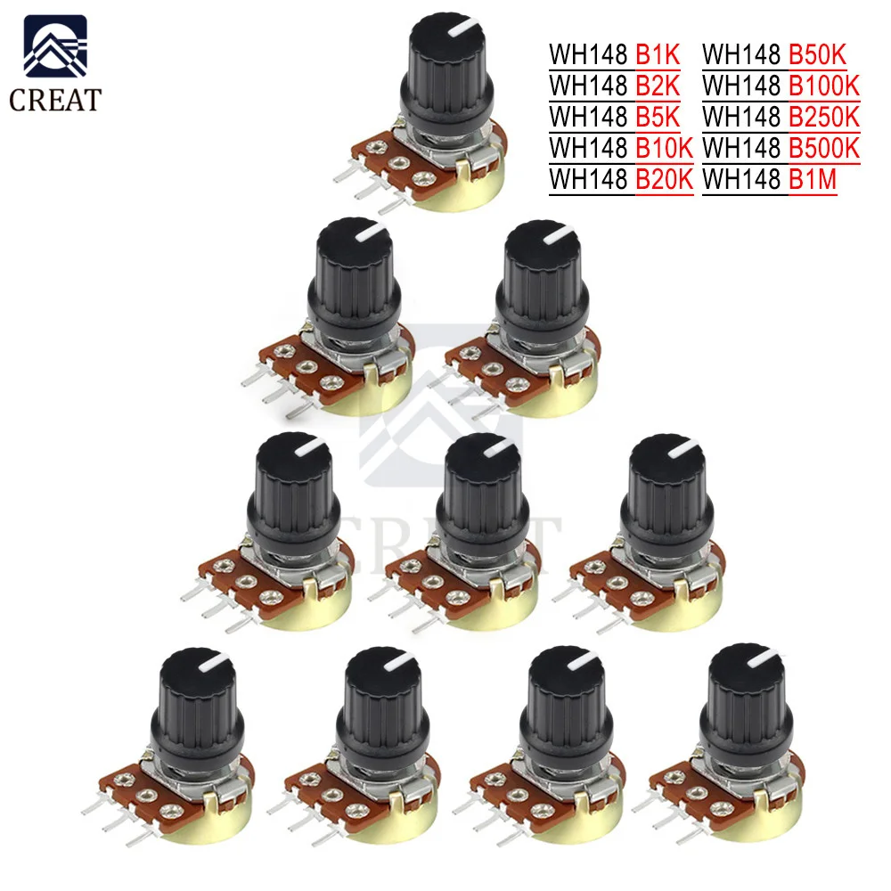 

5 шт./лот резистор потенциометра 1K 2K 5K 10K 20K 50K 100K 500K Ом 3-контактный линейный конический роторный потенциометр для Arduino с крышкой