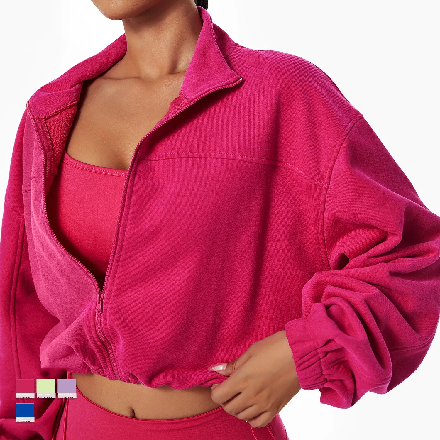 

Women's Stand Collar Zipper Hem Drawstring Loose Solid Color Yoga Jacket Outdoor Cycling Running Push-up Gym Wear Sports Coat
