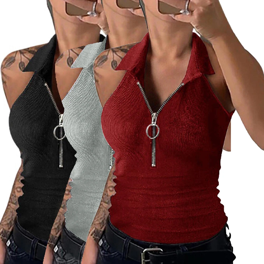 

Turn-Down Collar Women Crop Top Sleeveless Zipper Fashion Sexy Ladies Tank Tops Summer Solid Color Street Wear Tops