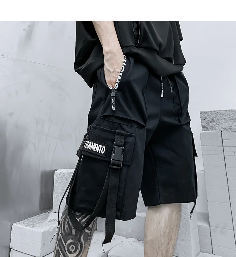

2022 Men summer ribbons hip hop cargo shorts casual streetwear shorts mens harajuku punk short pants bermuda homme