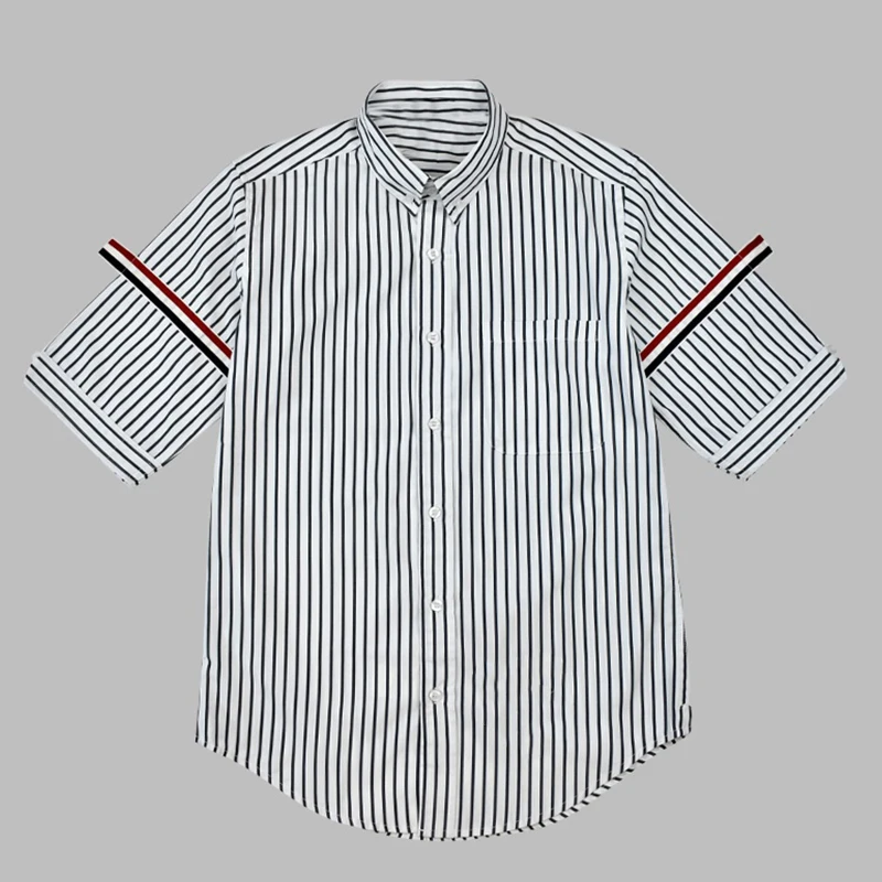 

TB THOM Men's Shirt Top Fashion Brand Striped Armband Short Sleeve Slim Casual Summer Men's Clothing Poplin Cotton Unisex Shirts