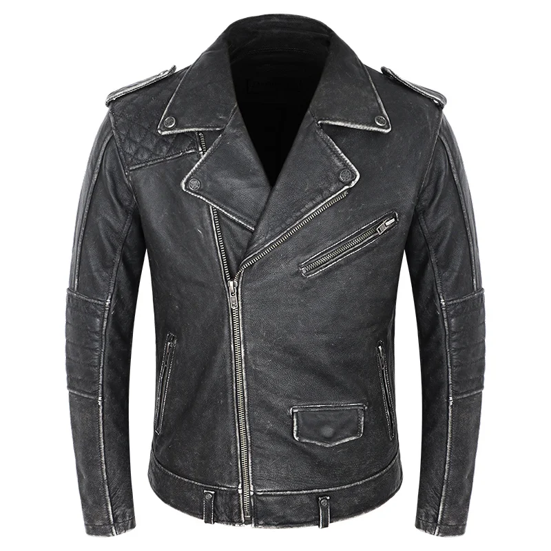 

Men's Motorcycle Biker Real Leather Jacket Cowhide Punk Vintage Distressed Genuine Leather Coat Spring Autumn Zipper Outwear