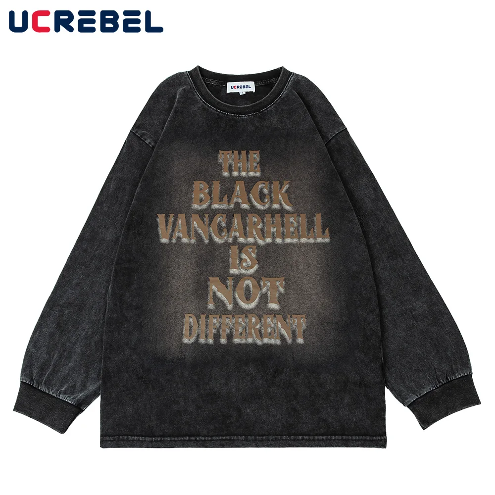 

Letter Print Long Sleeve T-shirt Mens Autumn Harajuku Distressed Shoulder Drop Loose Casual Top Streetwear Dome Cotton Tee Men