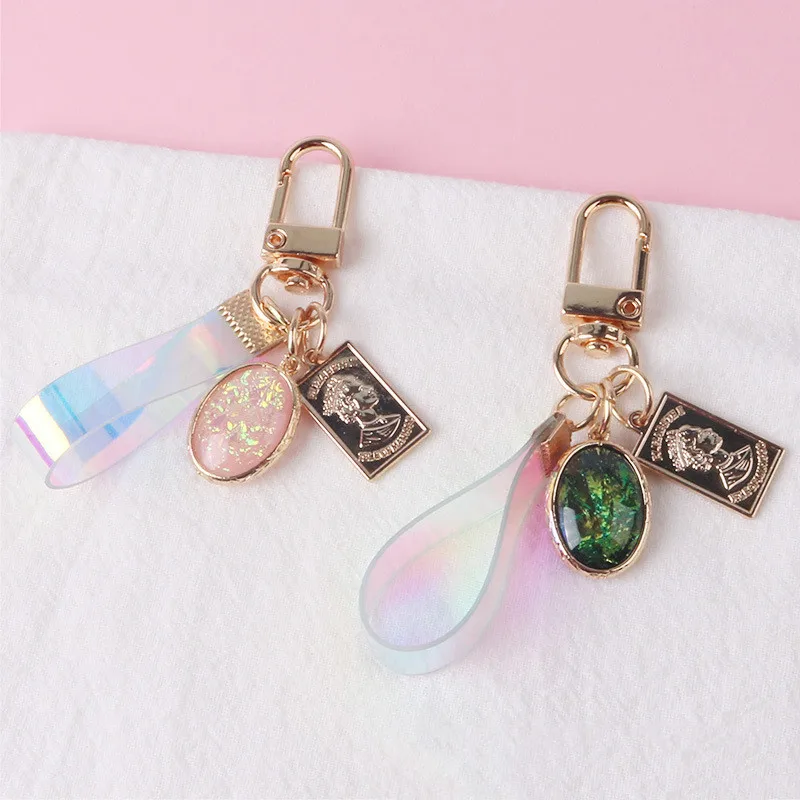 1pc Exquisite Magic Color Leather Cord Keychain Retro Pink Gem Pendant With Key Ring Ladies Handbag Phone Ornaments Accessories