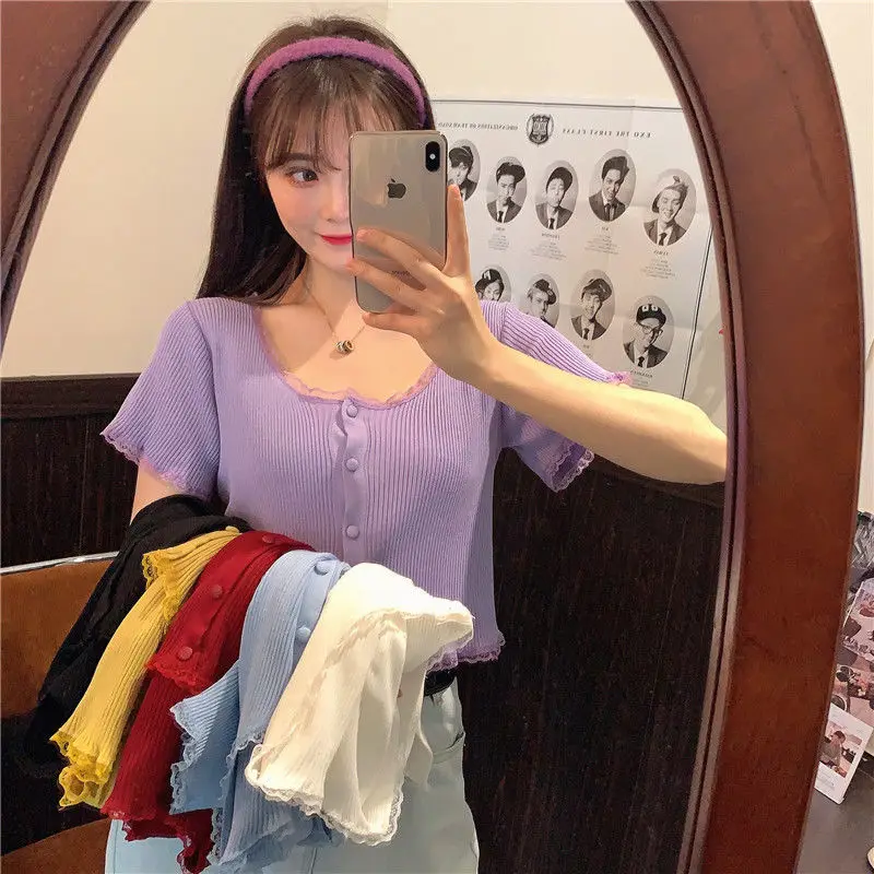 

Fashion Girl Summer Knitted Shirt Slim Short Cropped Cardigan Women Summer Short Sleeve V-neck Blouse