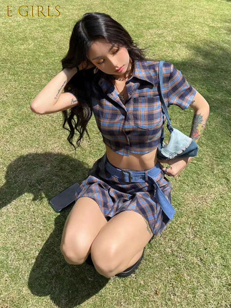 E GIRLS Summer Sexy Plaid Skirt Set Women High Waist Kawaii Two Piece Set Female Korean Fashion  Party Mini Skirt Set 2022