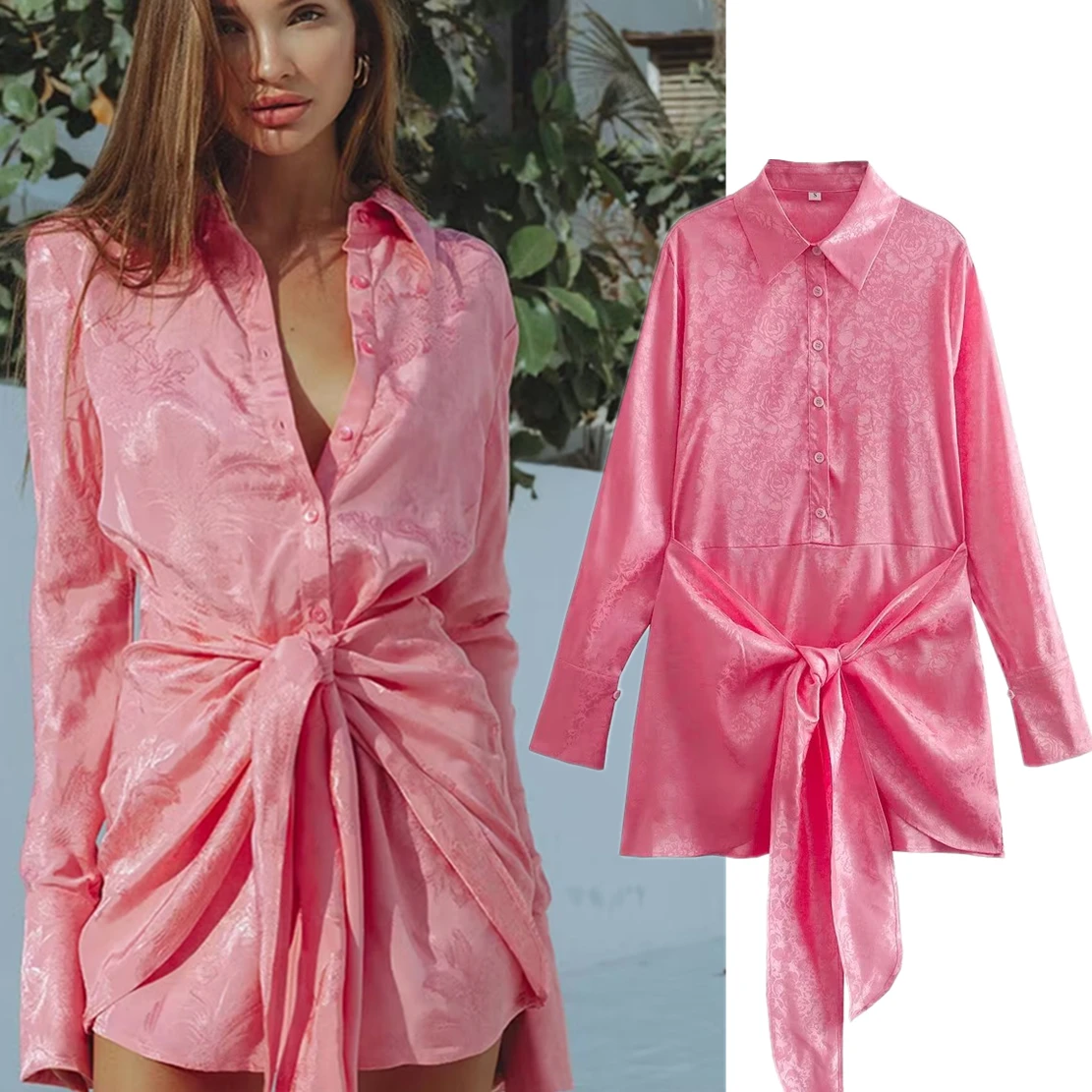 

Dave&Di Ins Blogger Fashion Pink Jacquard Dress Women New Spring Dress