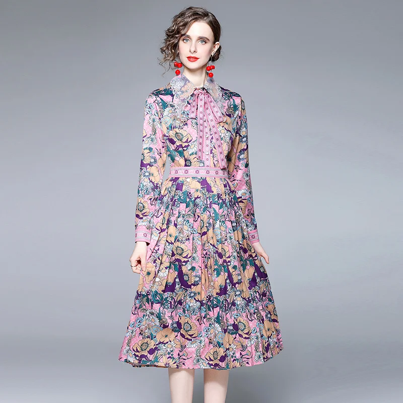 

Runway Summer Long Sleeve Floral Print Lace Collar Bow Tie Knot Pleated Midi Women Dress Shirt