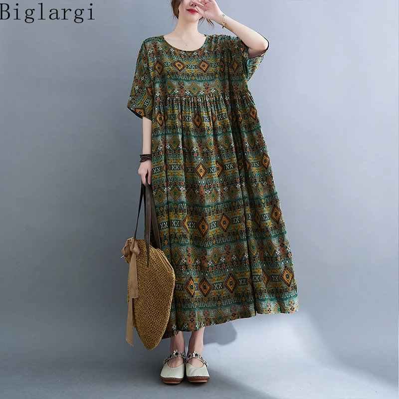 

Oversized Plaid Floral Print Summer Beach Dress Women Big Size Loose Casual Ladies Dresses Korean Cotton Vintage Woman Dress