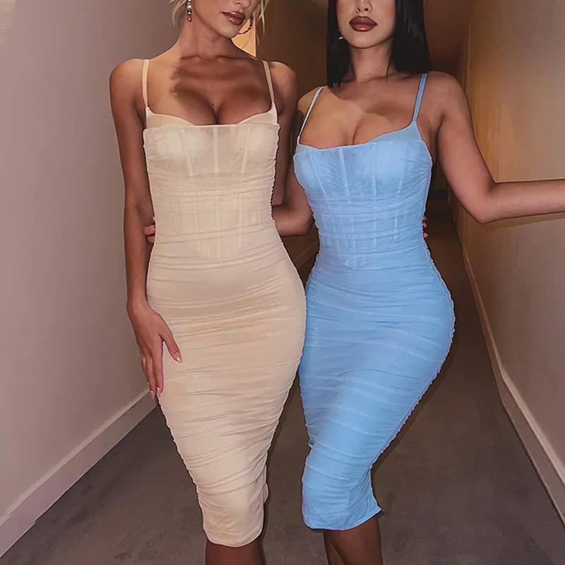 

Sexy Style Elegant Hot Girl Suspender Dress Women's Backless Waist Trimming Low-Cut Pleated Dress