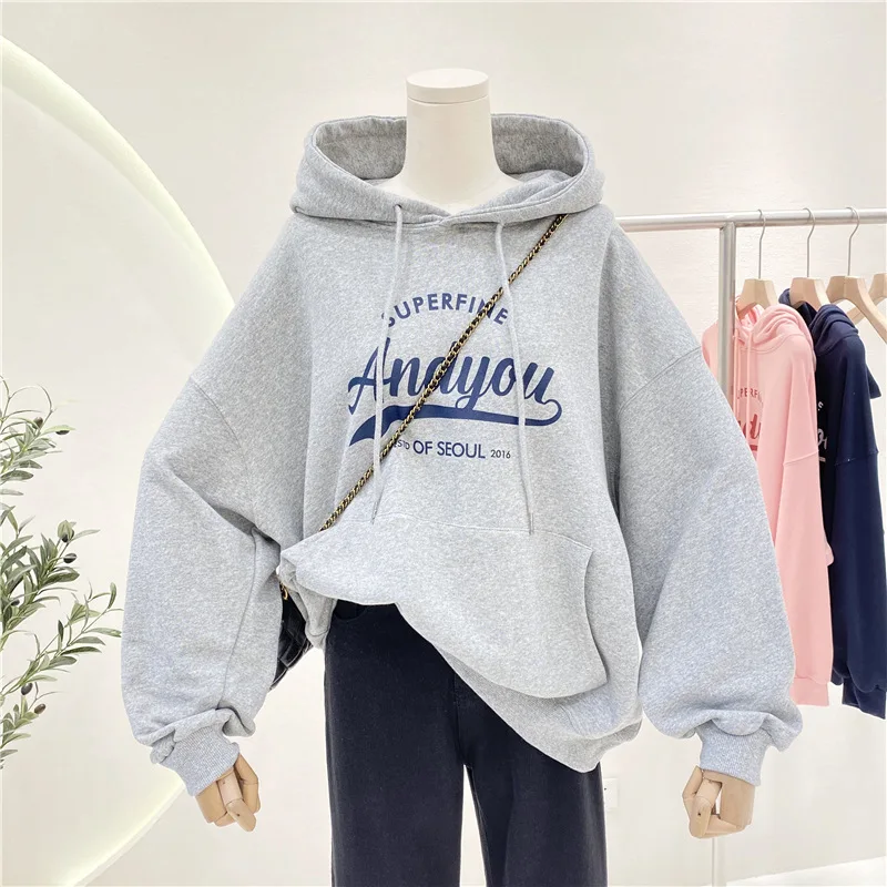 

Винтажные флисовые толстовки OUSLEE-Chic для женщин, буквенный принт, толстовка с мягким карманом, корейский теплый пуловер, свободный большой спортивный