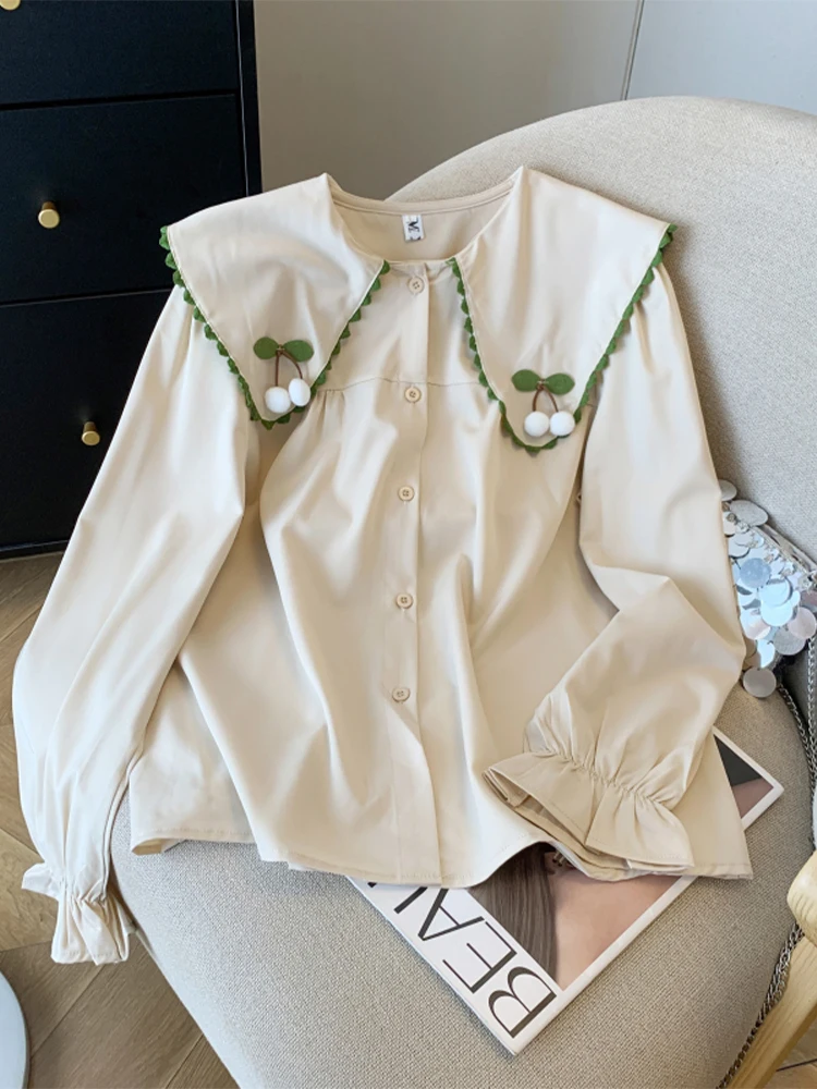 Женская винтажная рубашка оверсайз с длинным рукавом и воротником Питер Пэн Cutecore