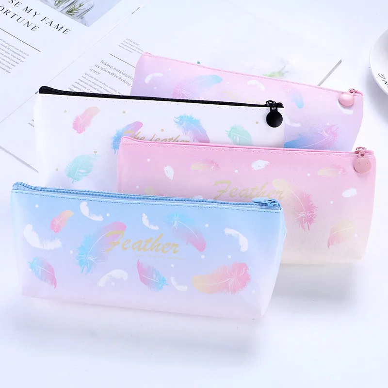 

12 pcs/lot Creative Feather Pencil Case Cute Pencil Box Stationery Pouch PU leather Pen Bag Office School Supplies