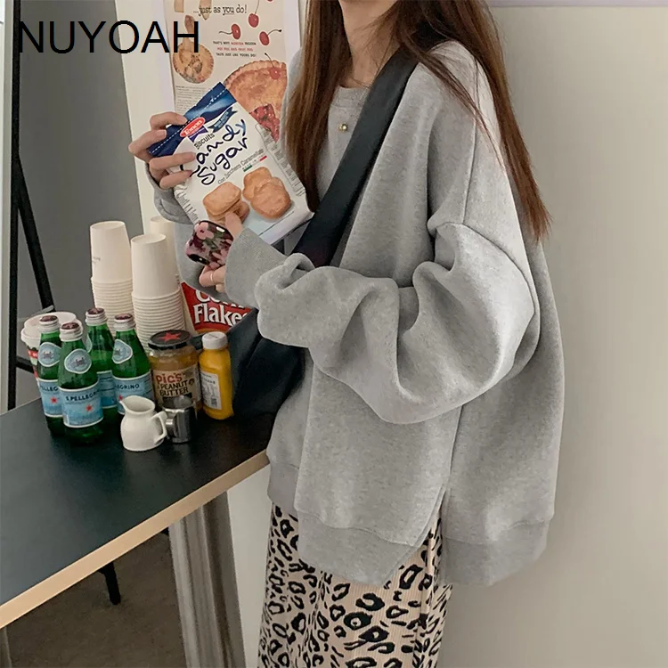

Grey Sweater Women's Split Hem Plush Warm Coat Autumn and Winter Loose Lazy Wind Long Sleeved Top