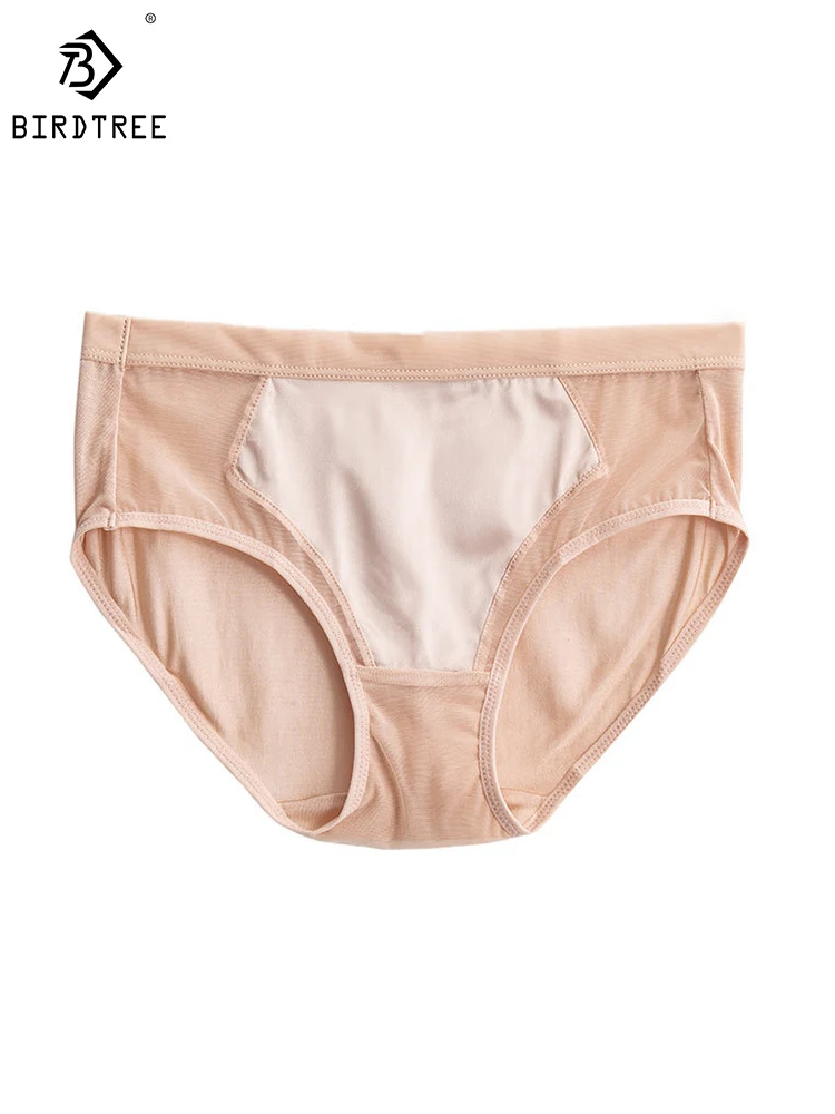 

Birdtree Women's 100%Silk Crotch And Back Mid-Rise Mesh Paneled Panties Gloss No Trace Breathable Solid Color Briefs P38432QD