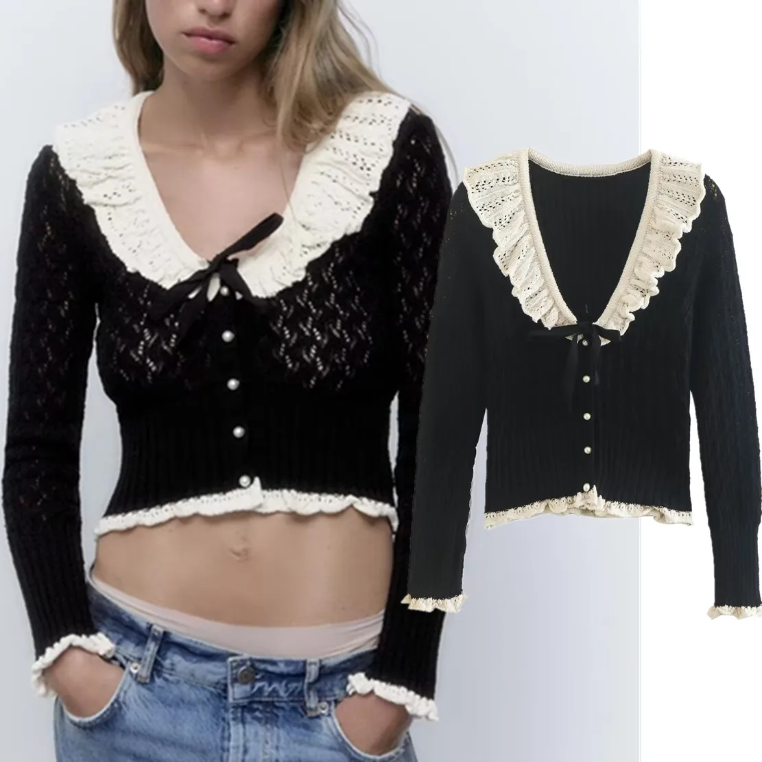 

Jenny&Dave French Style Indie Folk Cascading Knitted Color Contrast Lace Bow Cardigans Women Tops