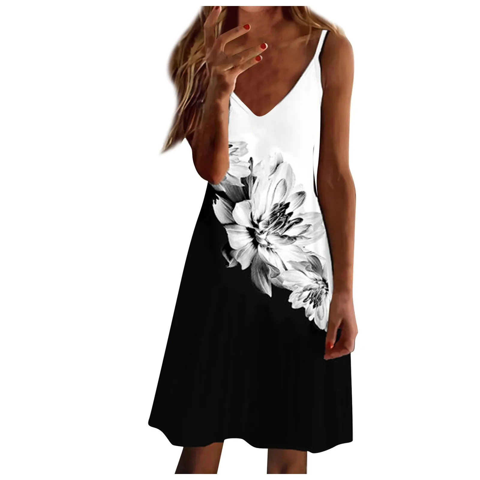 

Платье женское повседневное на бретельках без рукавов с принтом и V-образным вырезом