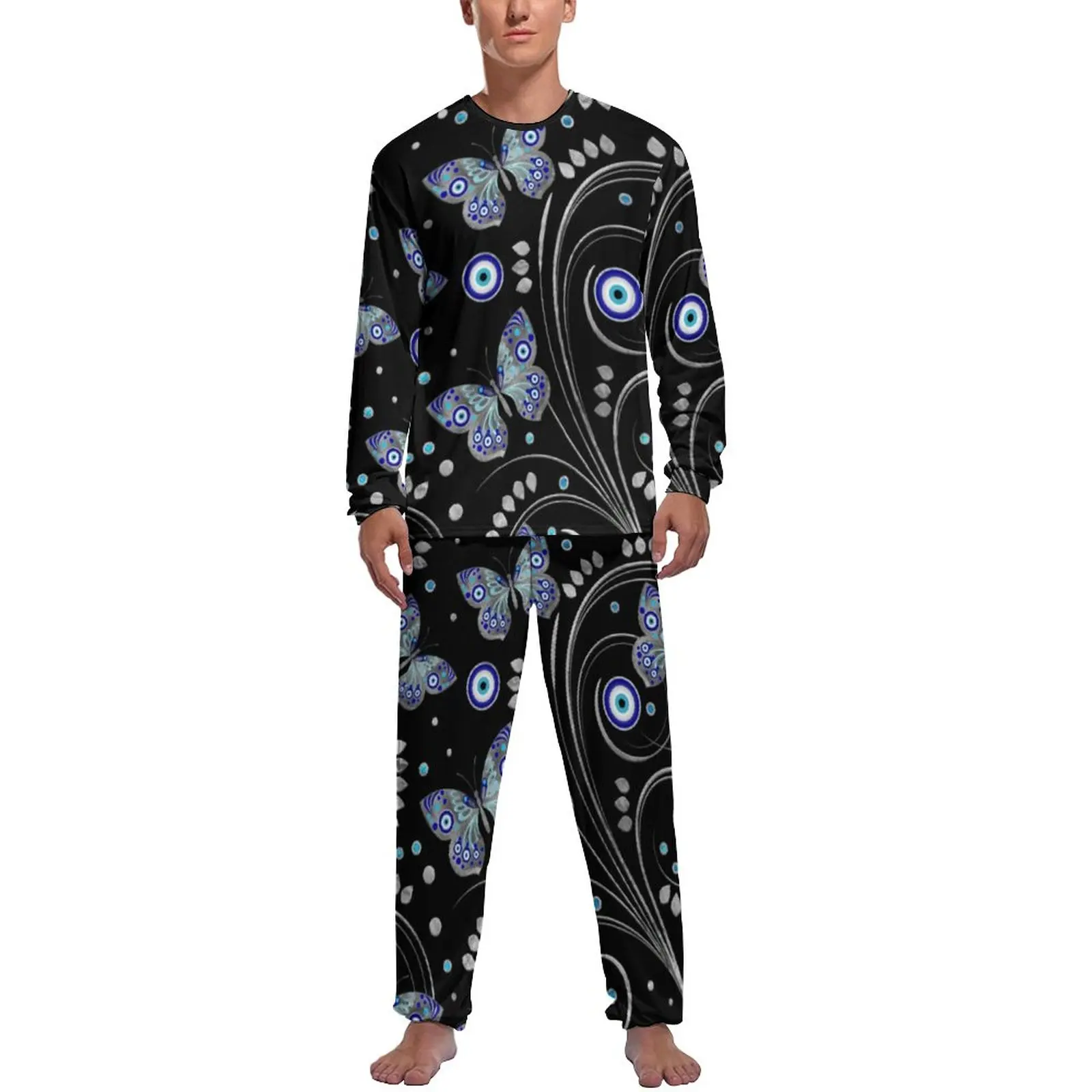 Butterfly Evil Eye Pajamas Spring Nazar Charm Print Casual Home Suit Male 2 Piece Printed Long-Sleeve Elegant Pajama Sets