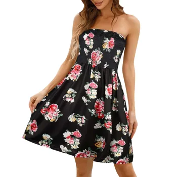Floral Printed Sundresses Women Smocked Strapless Tube Top Beach Dresses Vestido Elegant Summer Sleeveless Dress Robe Femme 1