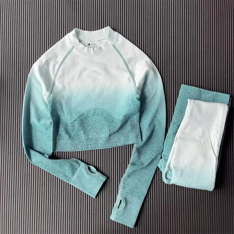 Gradient Yoga Set Women Sport Suit Fitness Long Sleeve Top Elastic Leggings Push Up Workout Gym Running Quick-drying Clothing