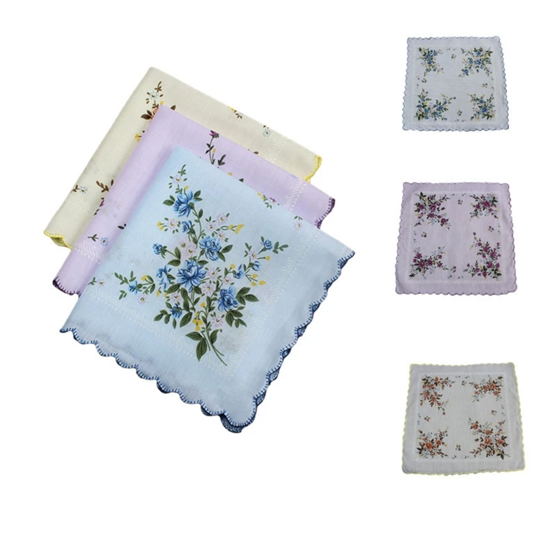 

3 Pieces Women Cotton Assorted Print Floral Handkerchiefs Wavy Edge Hankies Pocket Square for Graduation